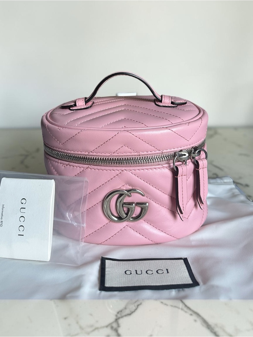 NWOT Gucci GG Marmont Mini Cosmetic Vanity Case Baby Pink Matelassé Leather